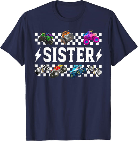 Sister Retro Monster Truck Family Crew Birthday Matching T-Shirt - T-Shirt | Navy