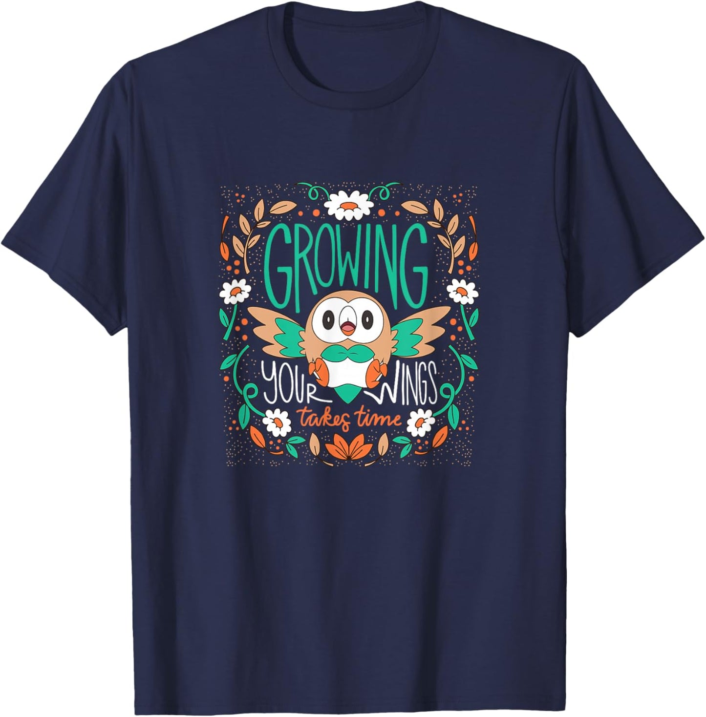 Pokemon - Rowlet Growing Your Wings Takes Time -Adults , Black, Small, Short Sleeve T-Shirt - T-Shirt | Navy