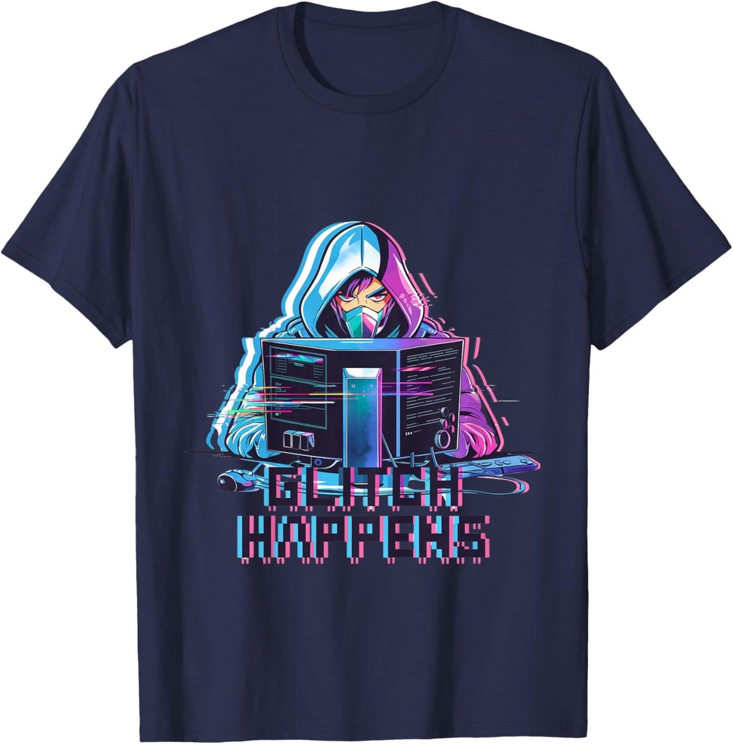 Kids Glitch Happens Anime Gamer Boy Male Futuristic Gaming T-Shirt - T-Shirt | Navy