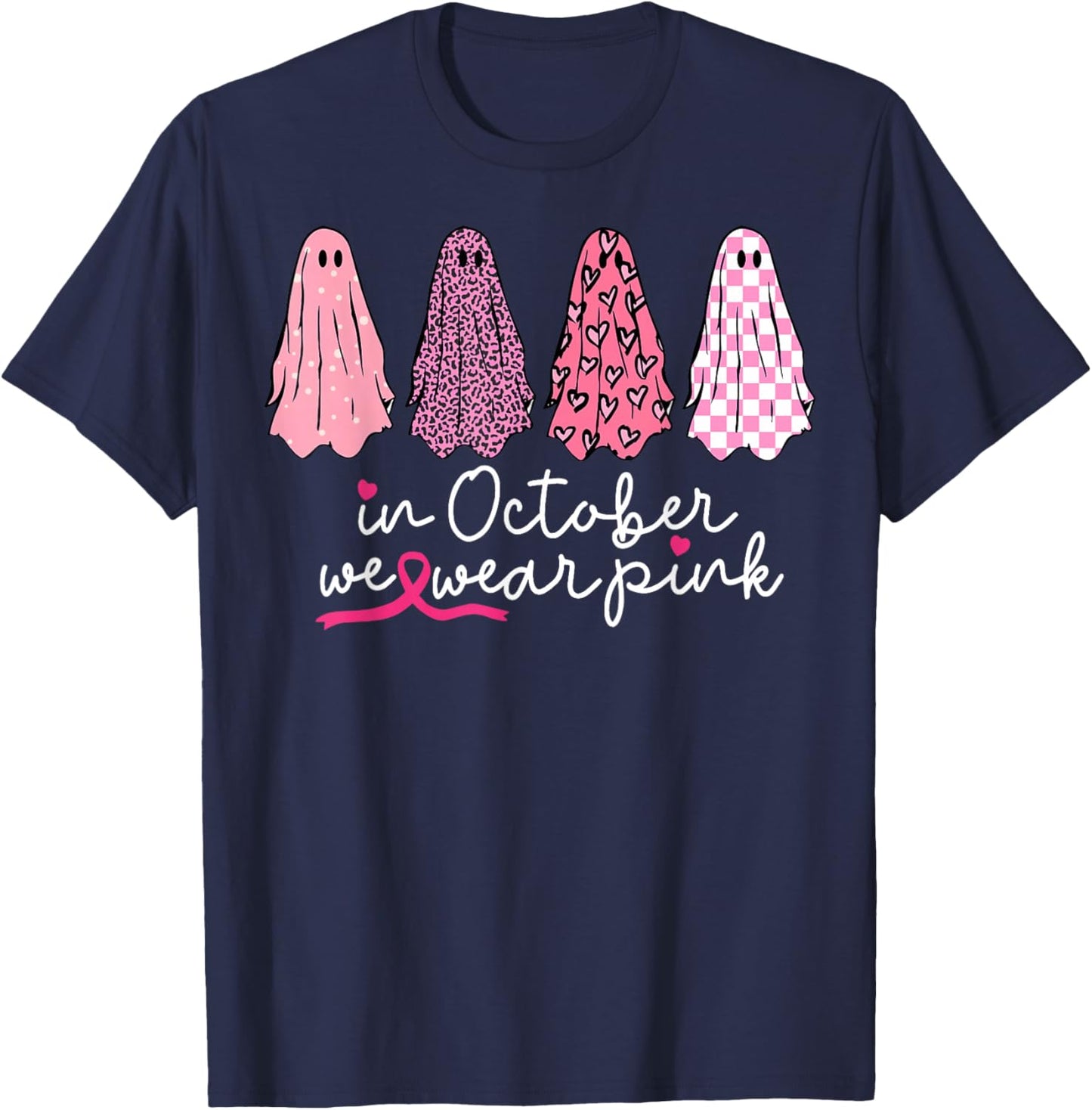 in October We Wear Pink Ghost Boo Halloween Breast Cancer T-Shirt - T-Shirt | Navy