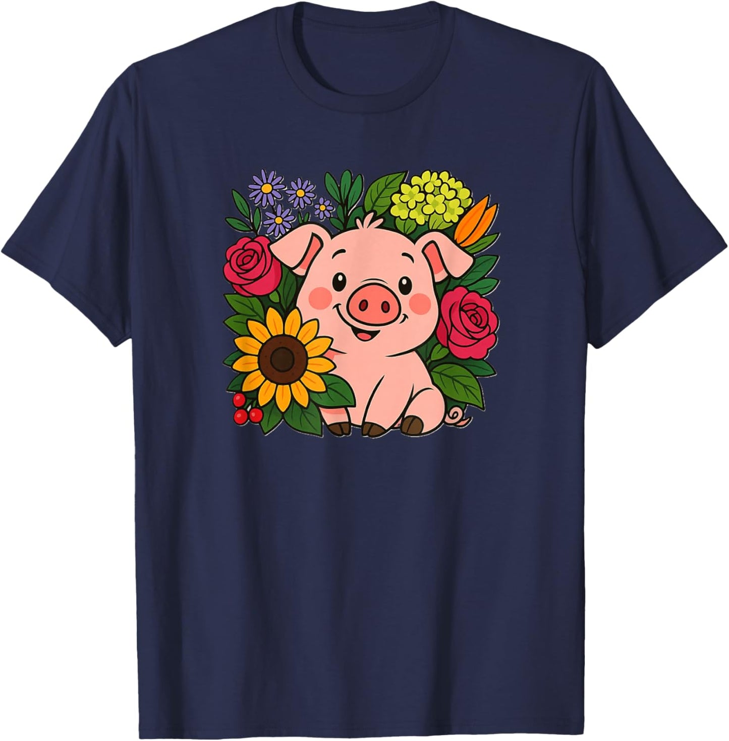 Cute Pig in Flowers Farm Animal T-Shirt - T-Shirt | Navy