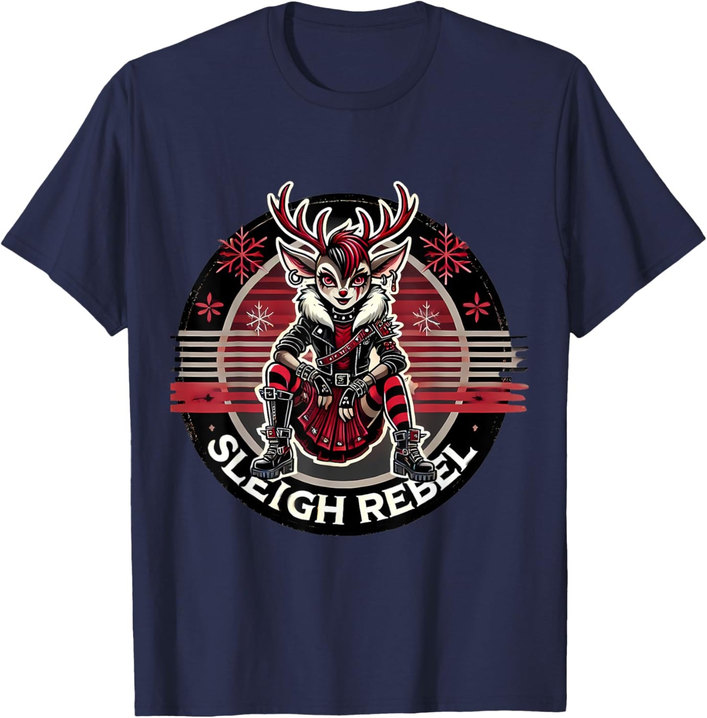 Sleigh Rebel Punk Gothic Reindeer Christmas Design T-Shirt - T-Shirt | Navy
