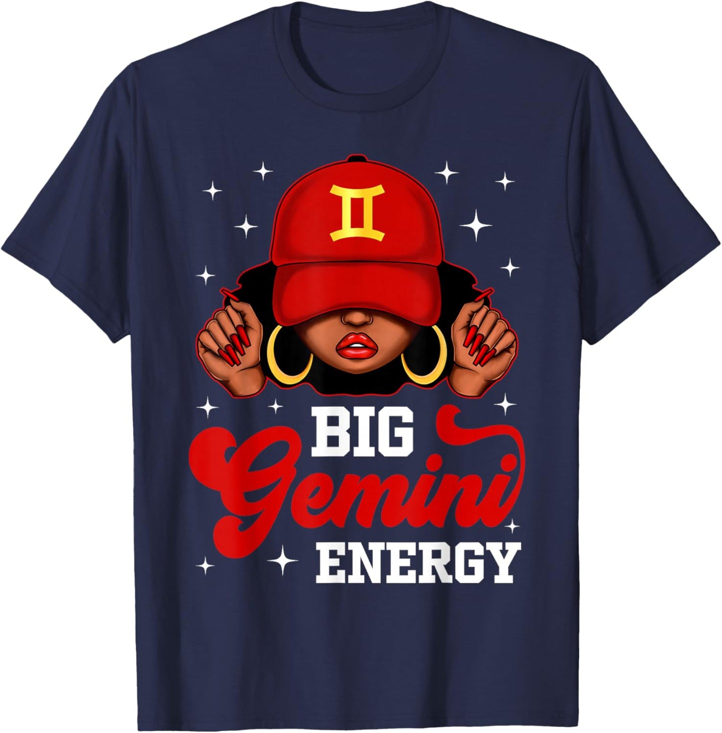 Big Gemini Energy Black Woman with Red Cap Zodiac T-Shirt - T-Shirt | Navy
