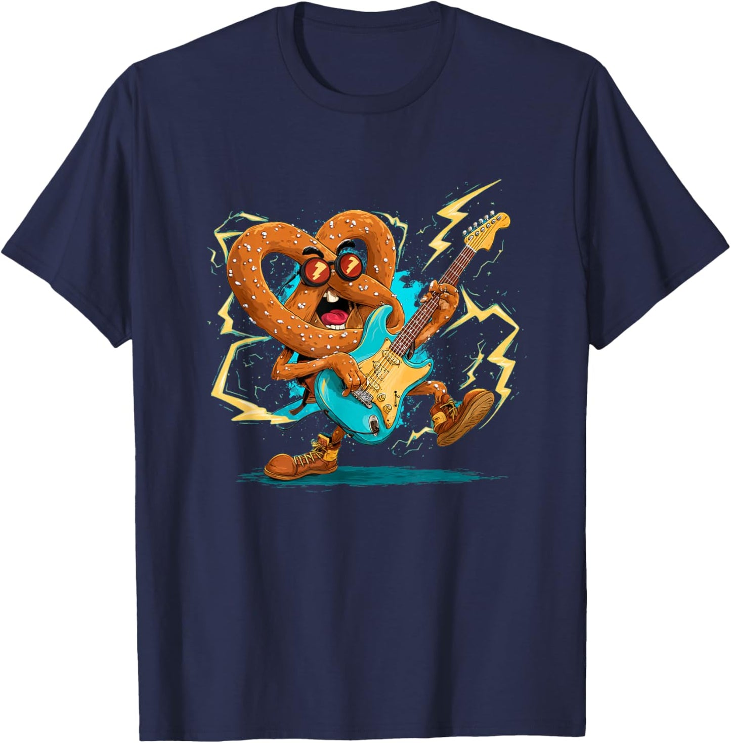 Cool Rock Pretzel with Electric Guitar and Sunglasses T-Shirt - T-Shirt | Navy