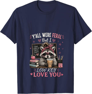 Women's Y'all were Feral But I Low Key Love You Raccoon Iced Coffee V-Neck T-Shirt - T-Shirt | Navy