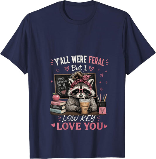 Women's Y'all were Feral But I Low Key Love You Raccoon Iced Coffee V-Neck T-Shirt - T-Shirt | Navy