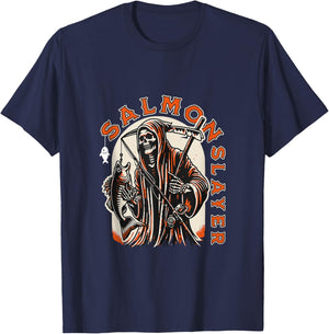 Salmon Slayer Funny skeleton Fishing Salmon Fish T-Shirt - T-Shirt | Navy