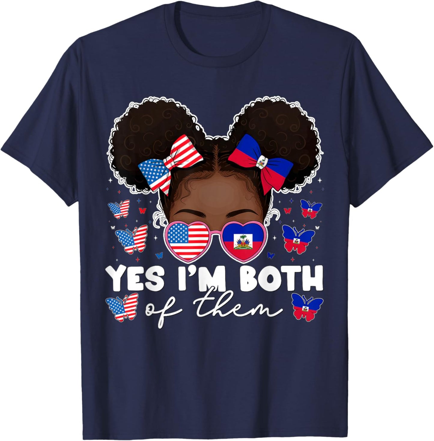 Half Haitian and American America Haiti USA Flag Girl Afro T-Shirt - T-Shirt | Navy