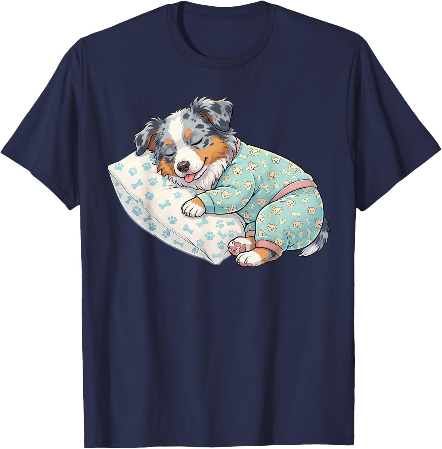 Adorable Australian Shepherd Dog Sleeping in Pajamas T-Shirt - T-Shirt | Navy