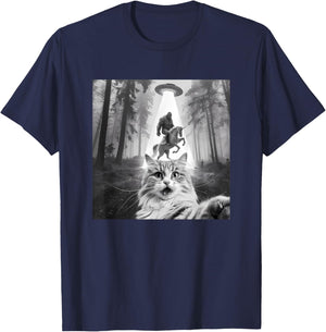 Funny UFO Cat Selfie with Bigfoot Forest Unicorn Sasquatch T-Shirt - T-Shirt | Navy