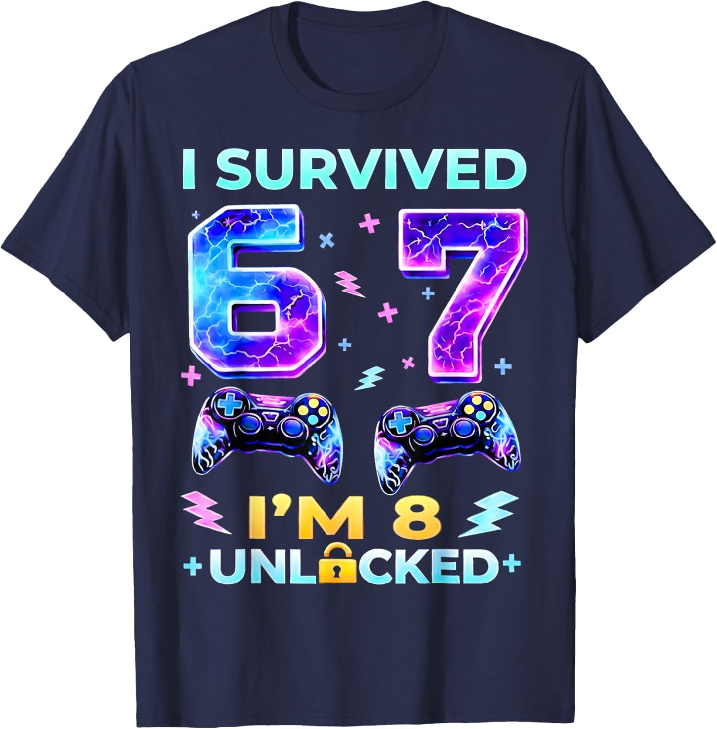 I Survived 6 7 I'm 8 Birthday Boys Gamer Unlocked Gifts Kids T-Shirt - T-Shirt | Navy