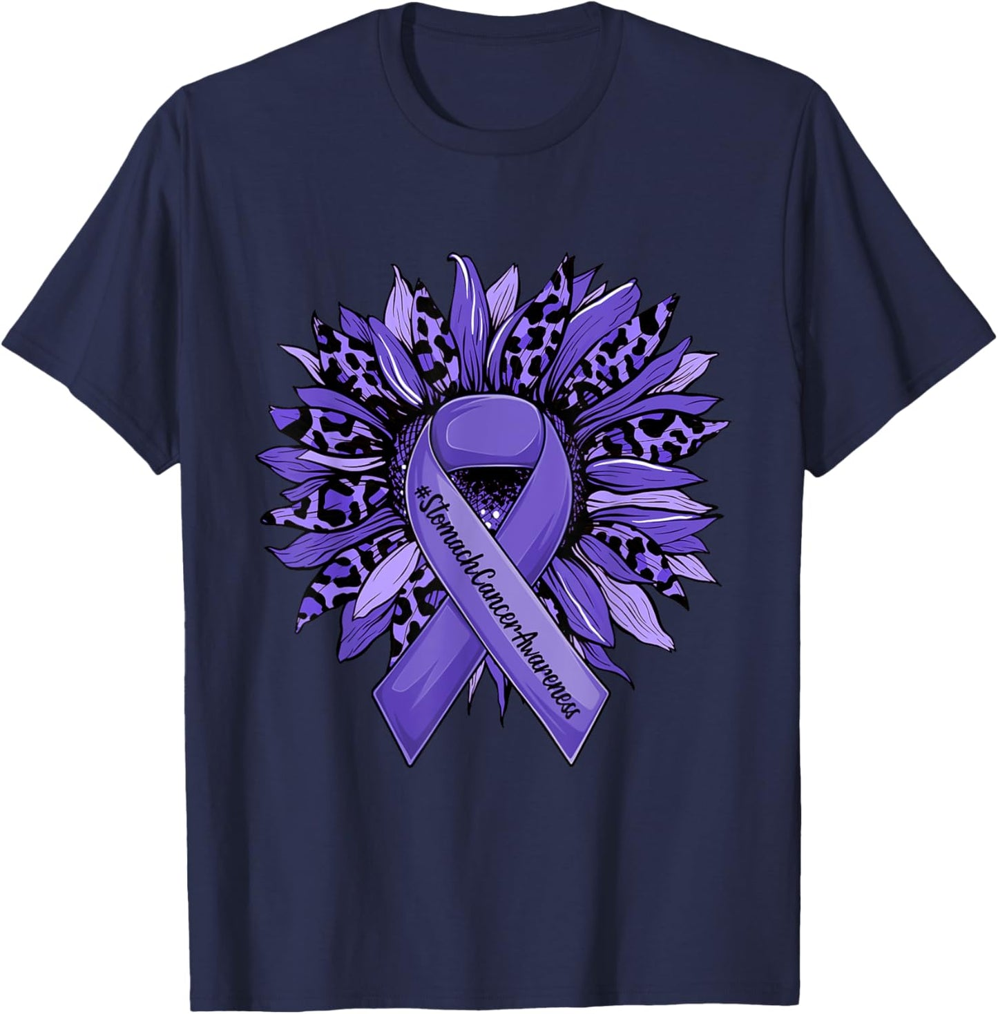 Leopard Sunflower and Periwinkle Ribbon Stomach Cancer T-Shirt - T-Shirt | Navy
