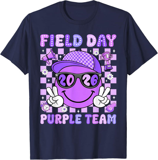 Field Day 2026 Purple Team Smile Face Sports School Boy Kids T-Shirt - T-Shirt | Navy
