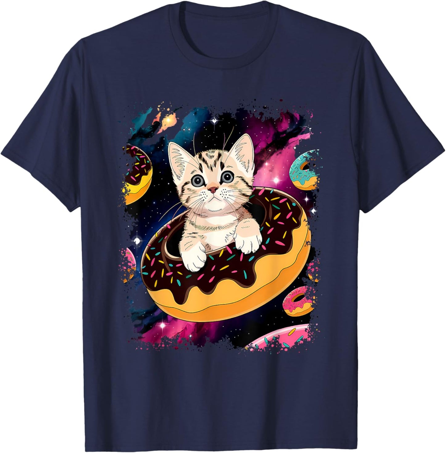 Cute Cat Inside Donut in Space Boys Girl - Kitty in Space T-Shirt - T-Shirt | Navy