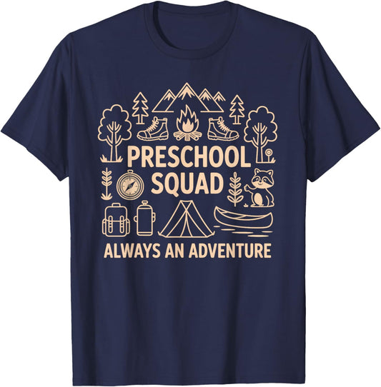 Pre-K Squad Adventure Camping Preschool Teacher Boy Girl Kid T-Shirt - T-Shirt | Navy
