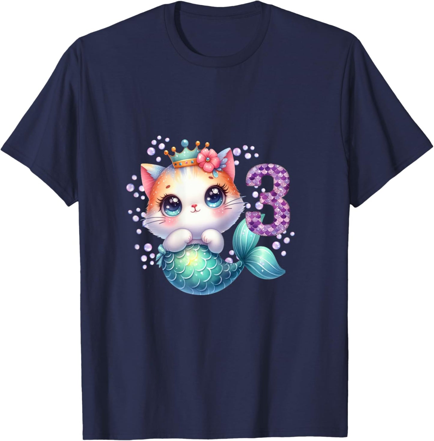 Cat Mermaid 3rd Birthday 3 Year Old Party Girls Outfit T-Shirt - T-Shirt | Navy