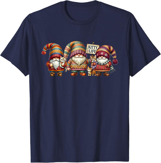 Christmas Gnomes With Cute Kitten For Xmas Funny Cat Lady T-Shirt - T-Shirt | Navy