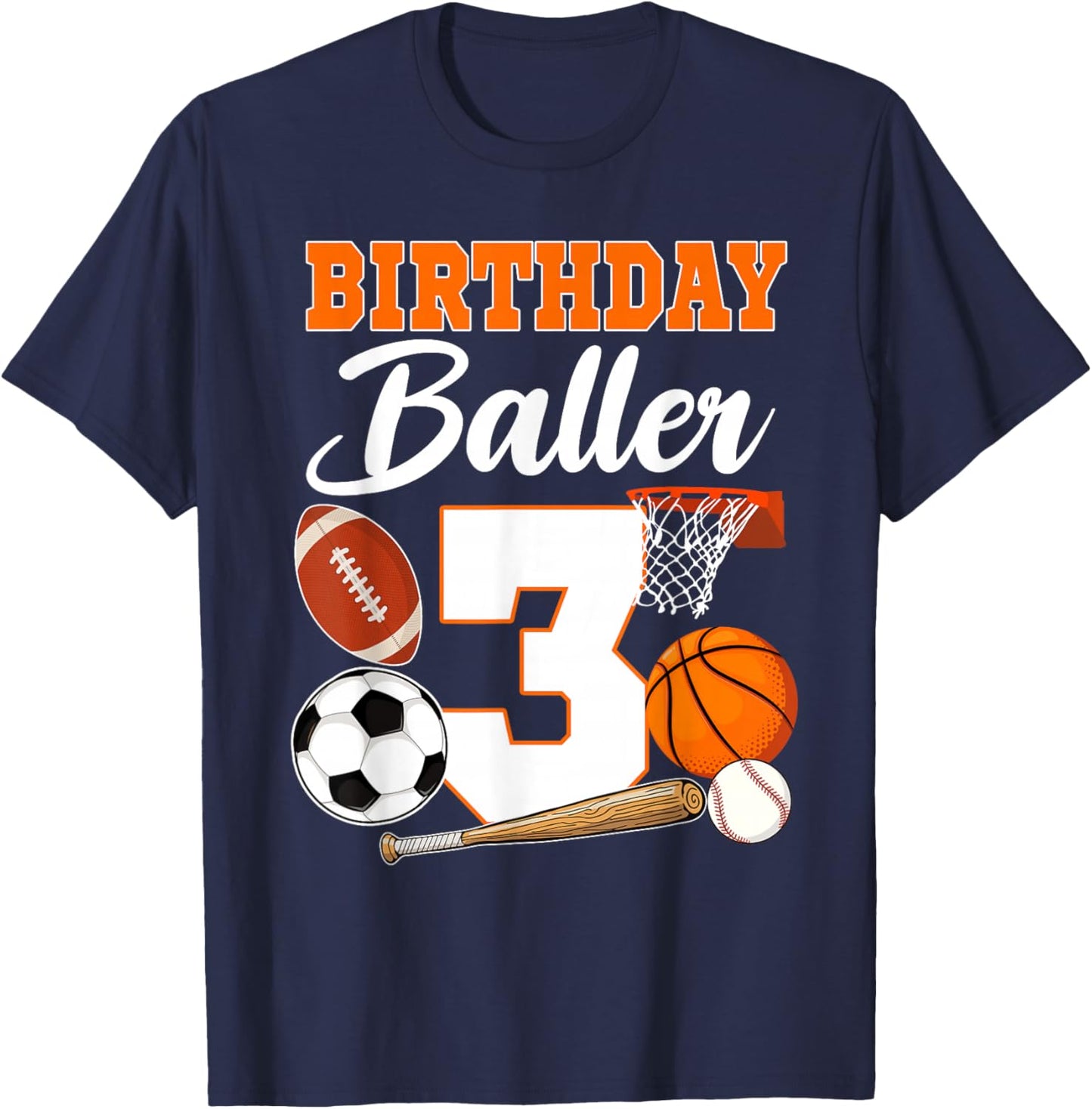 3rd Birthday Sport Balls Theme 3 Year Old Birthday Baller T-Shirt - T-Shirt | Navy