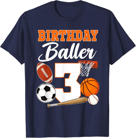 3rd Birthday Sport Balls Theme 3 Year Old Birthday Baller T-Shirt - T-Shirt | Navy