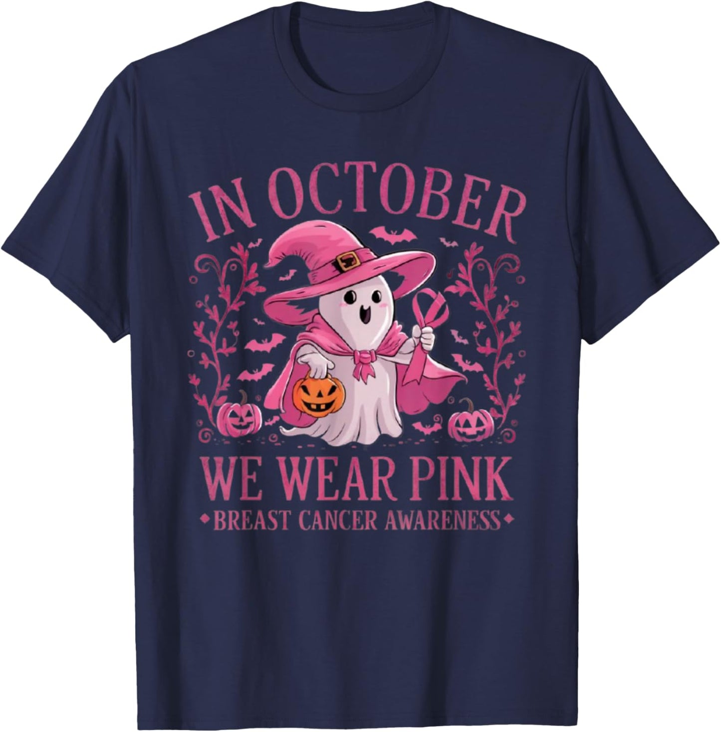 In October We Wear Pink Breast Cancer Awareness Halloween T-Shirt - T-Shirt | Navy
