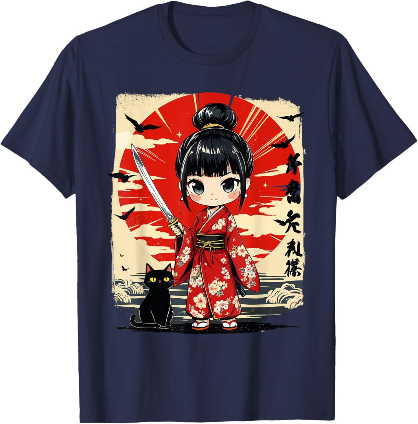 Cute Kawaii Samurai Girl and Cat Japanese Anime Kids Girls T-Shirt - T-Shirt | Navy