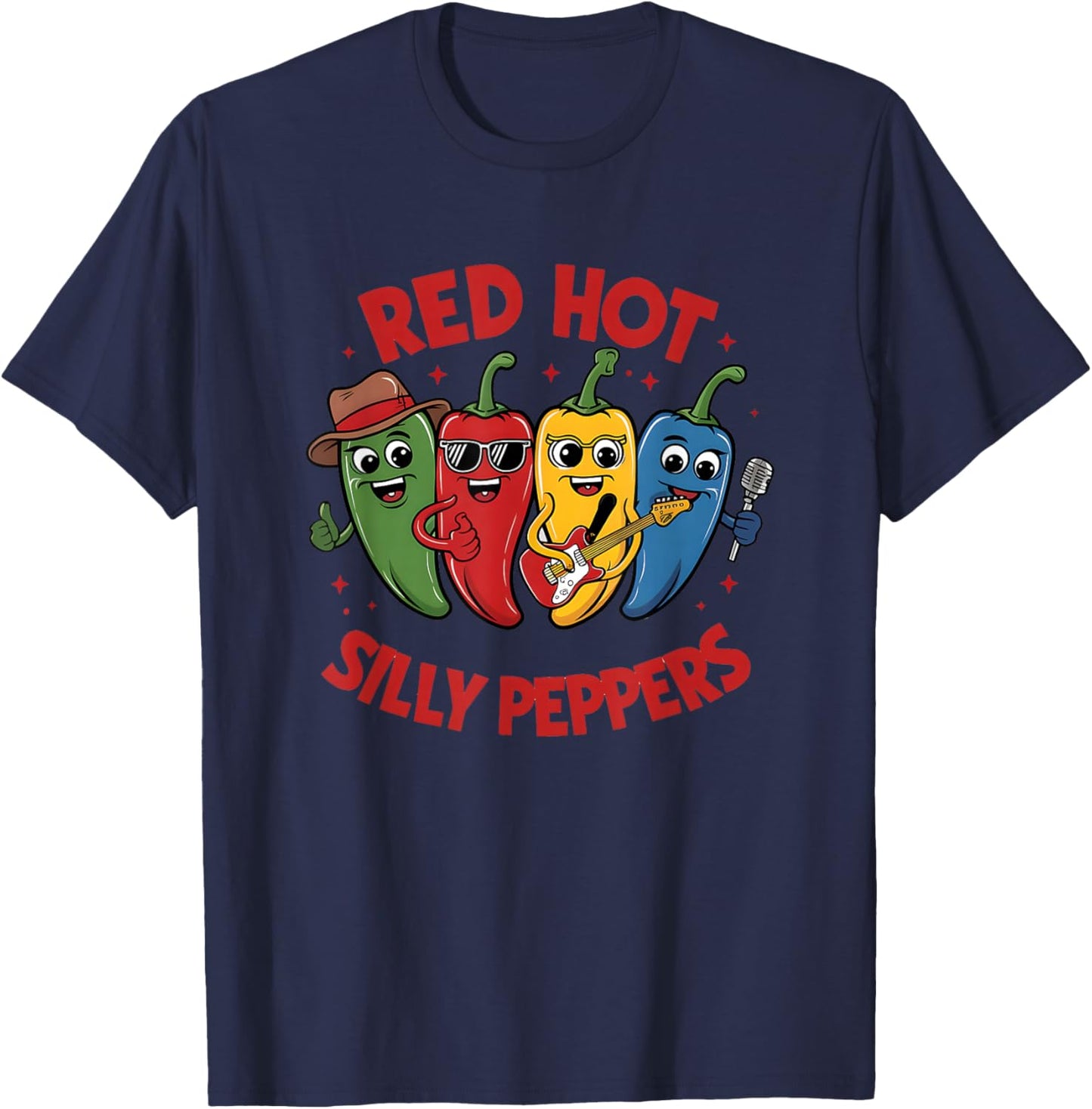 Red Hot Silly Peppers Fun Cartoon T-Shirt - T-Shirt | Navy