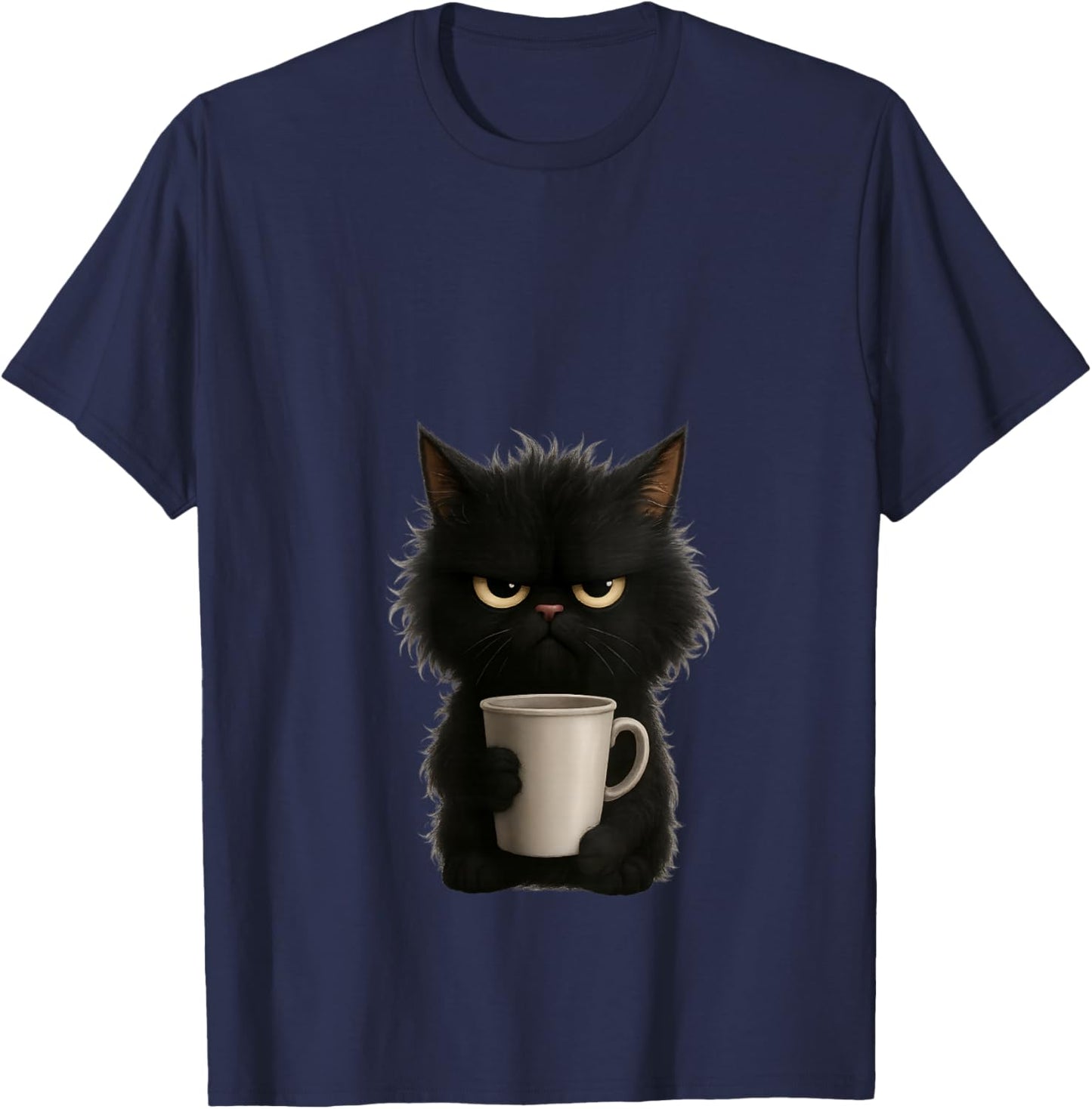 Grumpy Black Cat Coffee Mug Morning Mood Design V-Neck T-Shirt - T-Shirt | Navy