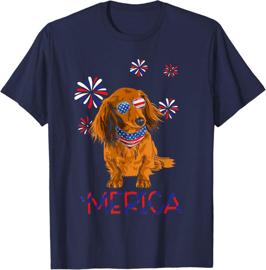 Red Long-Haired Dachshund 'Merica Dog Lover 4th Of July Men T-Shirt - T-Shirt | Navy