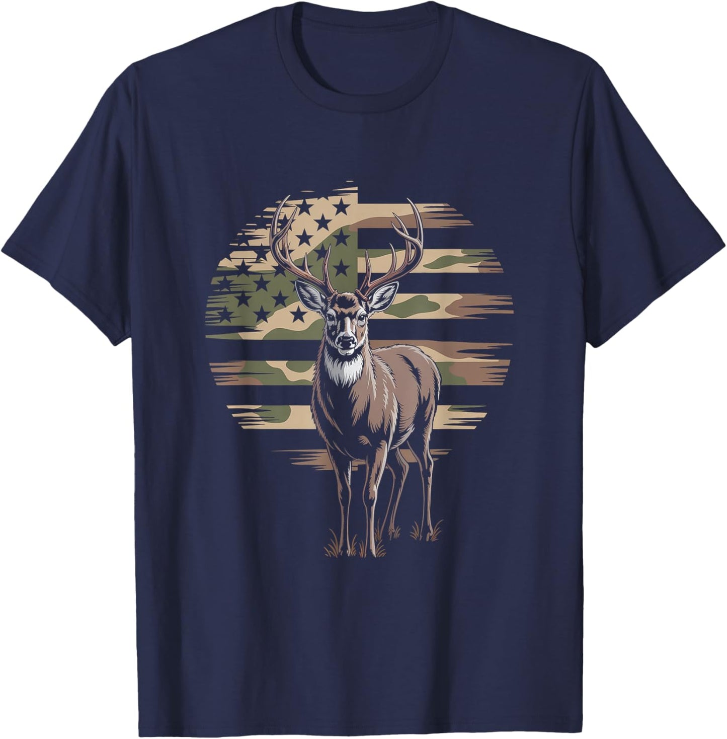 Deer Hunting Camo American Flag - Buck USA T-Shirt - T-Shirt | Navy