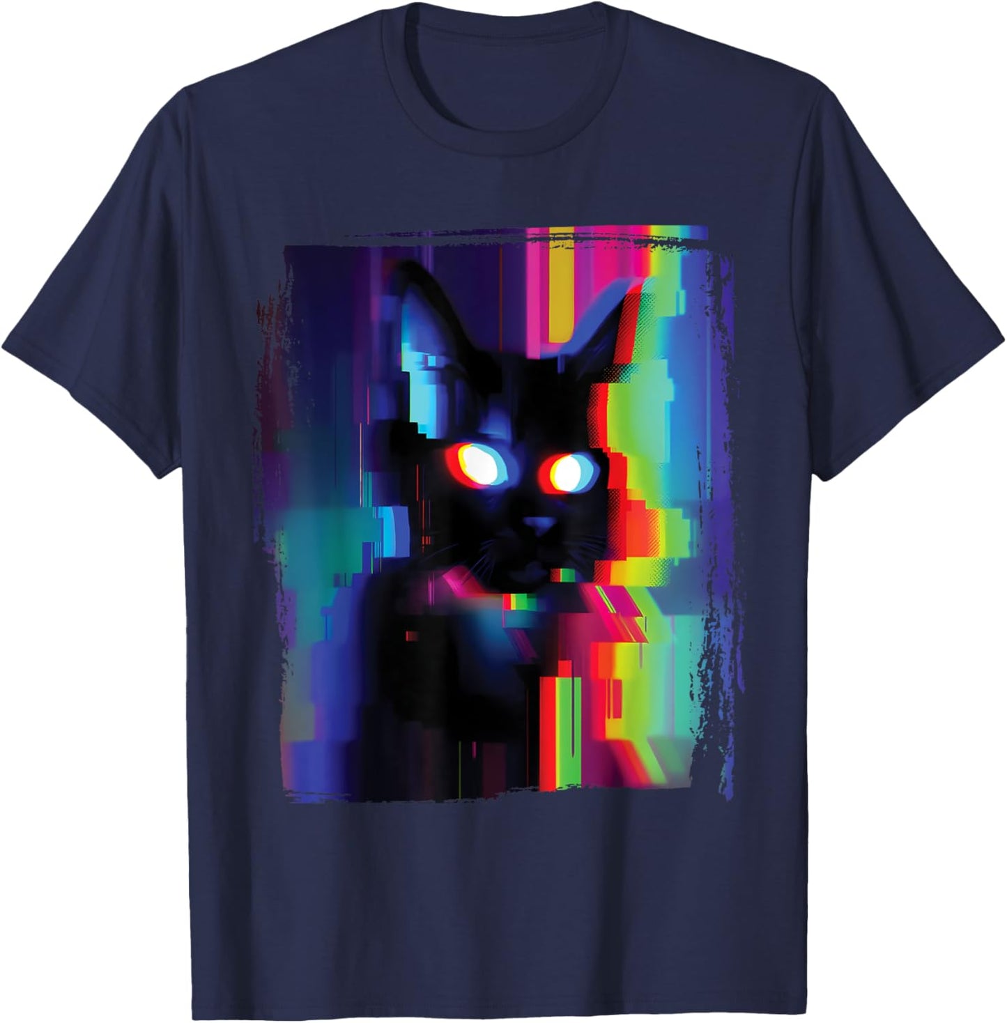 Glitch Psychedelic Weirdcore Cat Vaporwave Trippy Women T-Shirt - T-Shirt | Navy