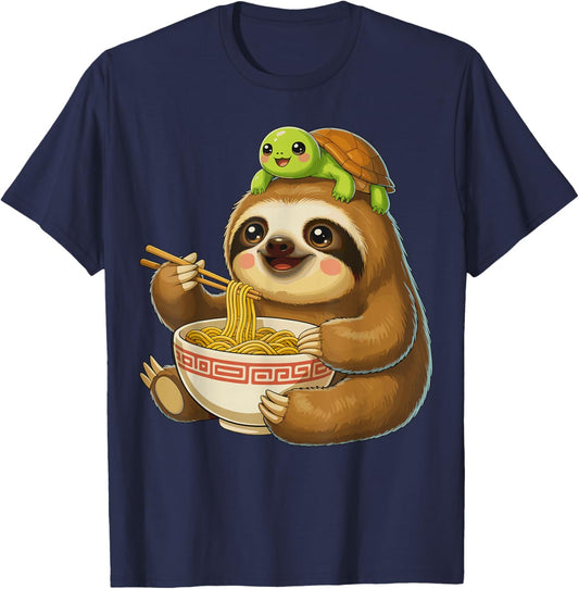 Sloth Eating Ramen with Turtle on Head T-Shirt - T-Shirt | Navy