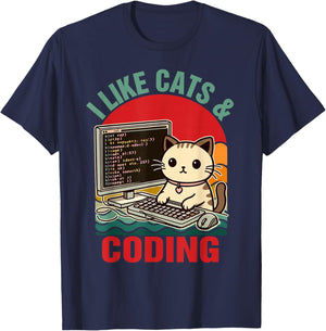 Coder Programmer Cat Lover Cat Dad I Like Cats & Coding T-Shirt - T-Shirt | Navy