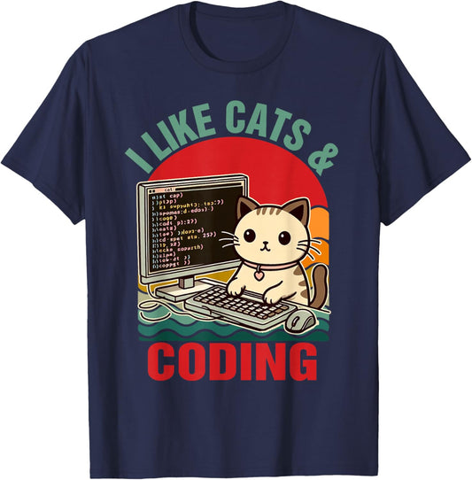 Coder Programmer Cat Lover Cat Dad I Like Cats & Coding T-Shirt - T-Shirt | Navy