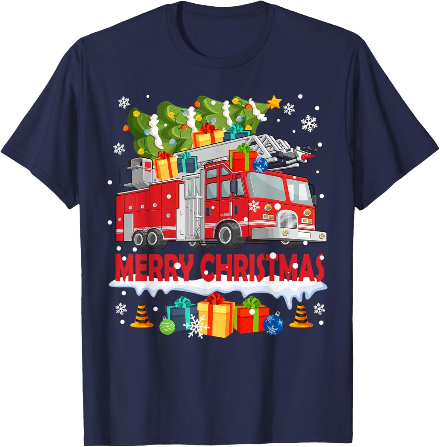 Funny Fire Truck & Christmas Tree Firefighter Xmas Pajamas T-Shirt - T-Shirt | Navy