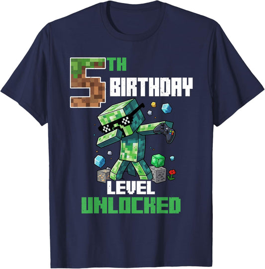 5th Birthday Level Unlocked Pixel Dab 5 Bday Gamer Boys Kids T-Shirt - T-Shirt | Navy