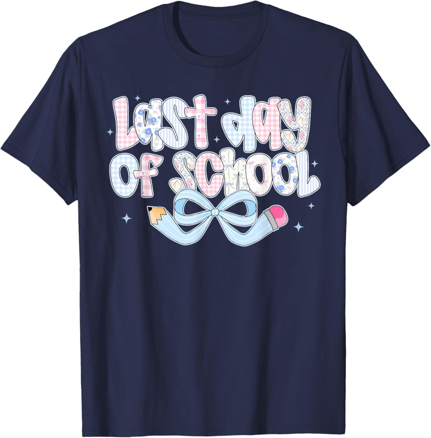 Happy Last Day of School Funny Coquette Bow Pencil Retro T-Shirt - T-Shirt | Navy