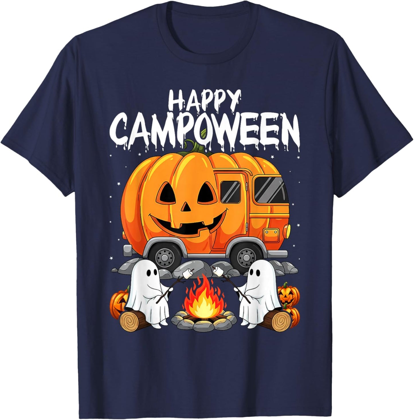 Happy Camp-O-Ween Halloween Camping Ghosts and Campfires T-Shirt - T-Shirt | Navy