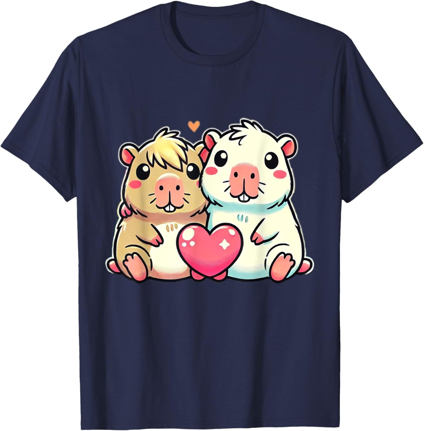 Kawaii Capybara Couple with Heart Love Design T-Shirt - T-Shirt | Navy