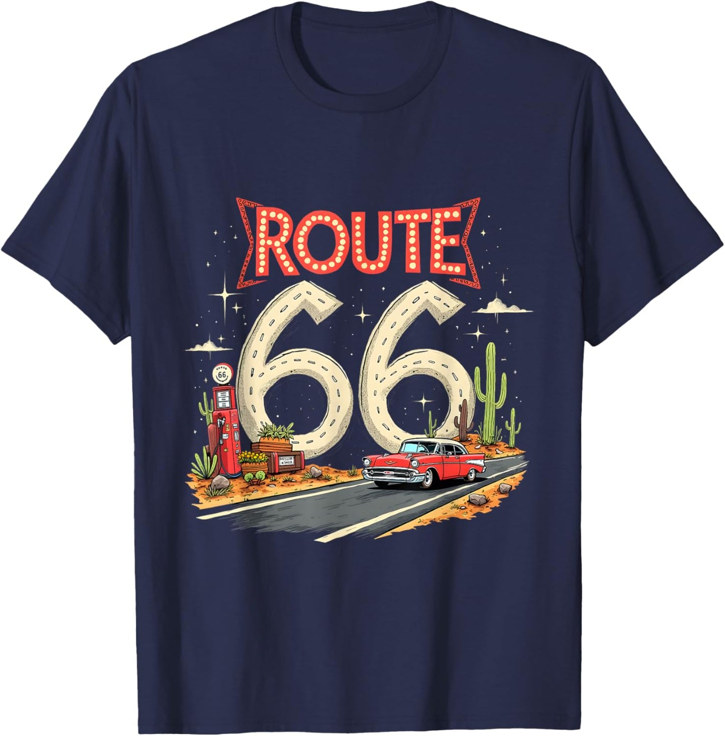 Classic Retro Route 66 Desert Scene with Red Vintage Car T-Shirt - T-Shirt | Navy