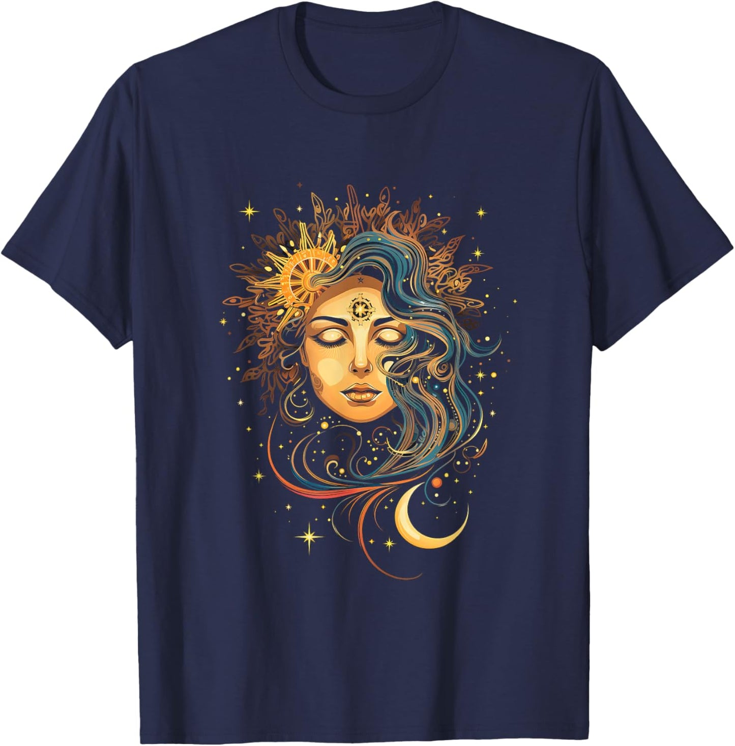 Mystic Sun and Moon Woman Mystical Flowers Aesthetic T-Shirt - T-Shirt | Navy