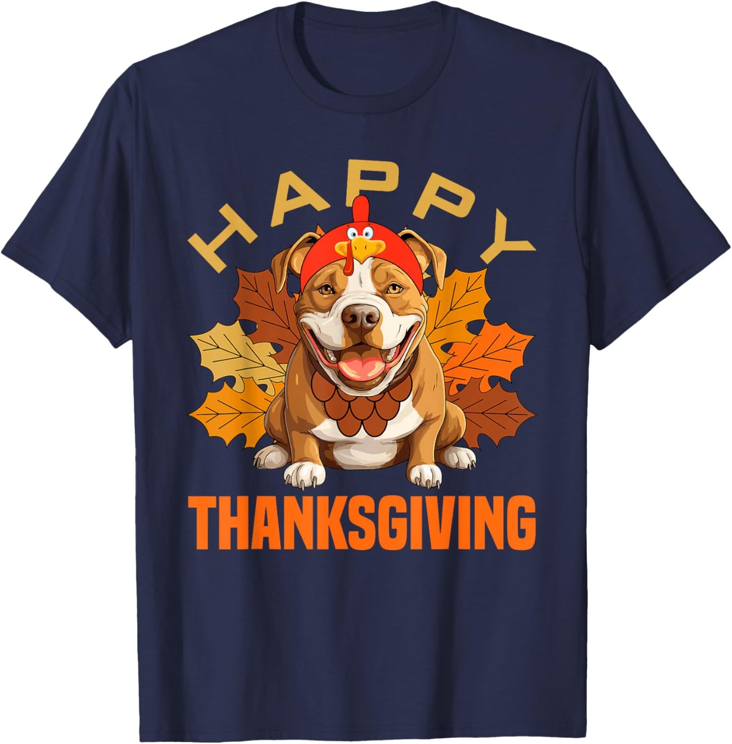 Funny Pitbull Dog In Turkey Costume Happy Thanksgiving Day T-Shirt - T-Shirt | Navy