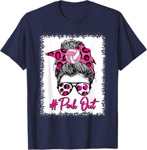 Pink Out Messy Bun Volleyball Breast Cancer Sport Lovers T-Shirt - T-Shirt | Navy