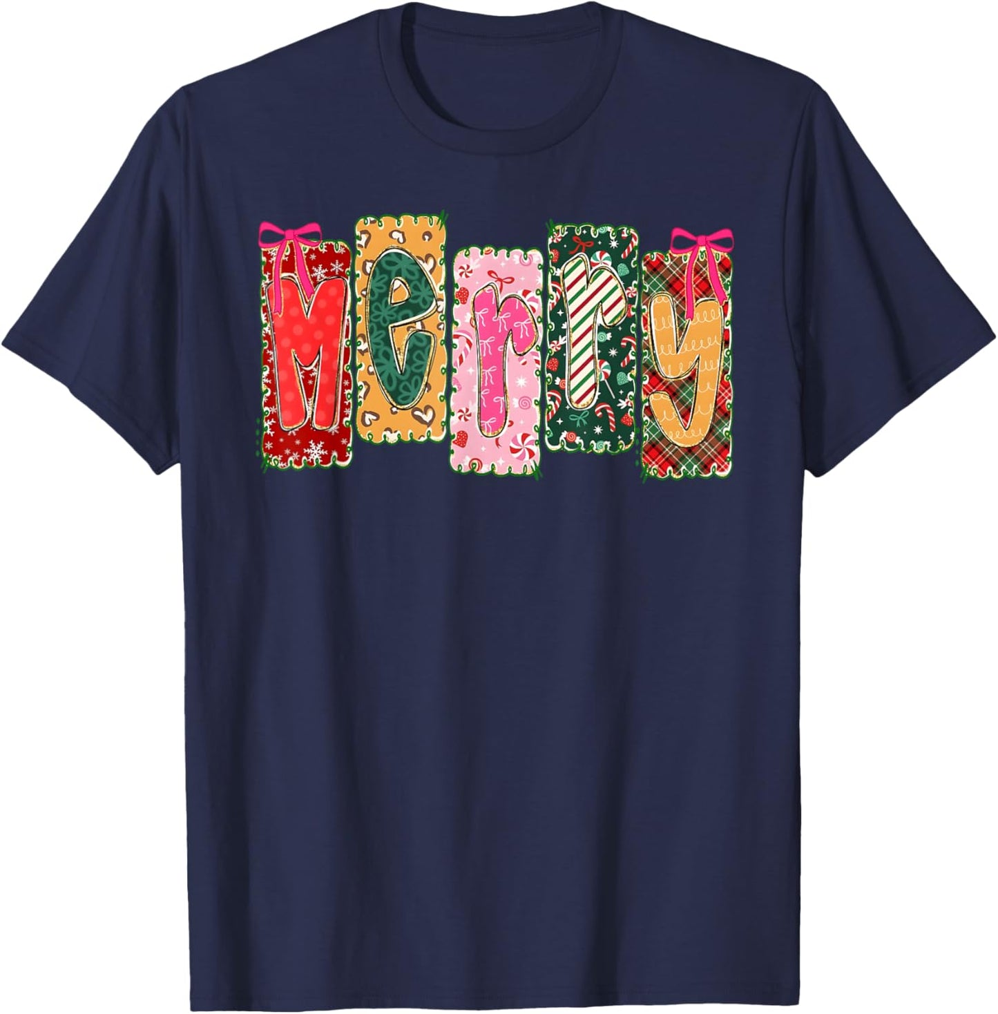 Merry Christmas Patchwork Merry Xmas Girl Women Floral Bows T-Shirt - T-Shirt | Navy