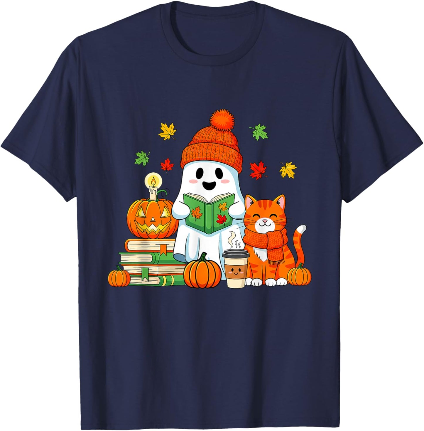 Cute Ghost Reading Book Lovers Autumn Fall Halloween Ghost T-Shirt - T-Shirt | Navy