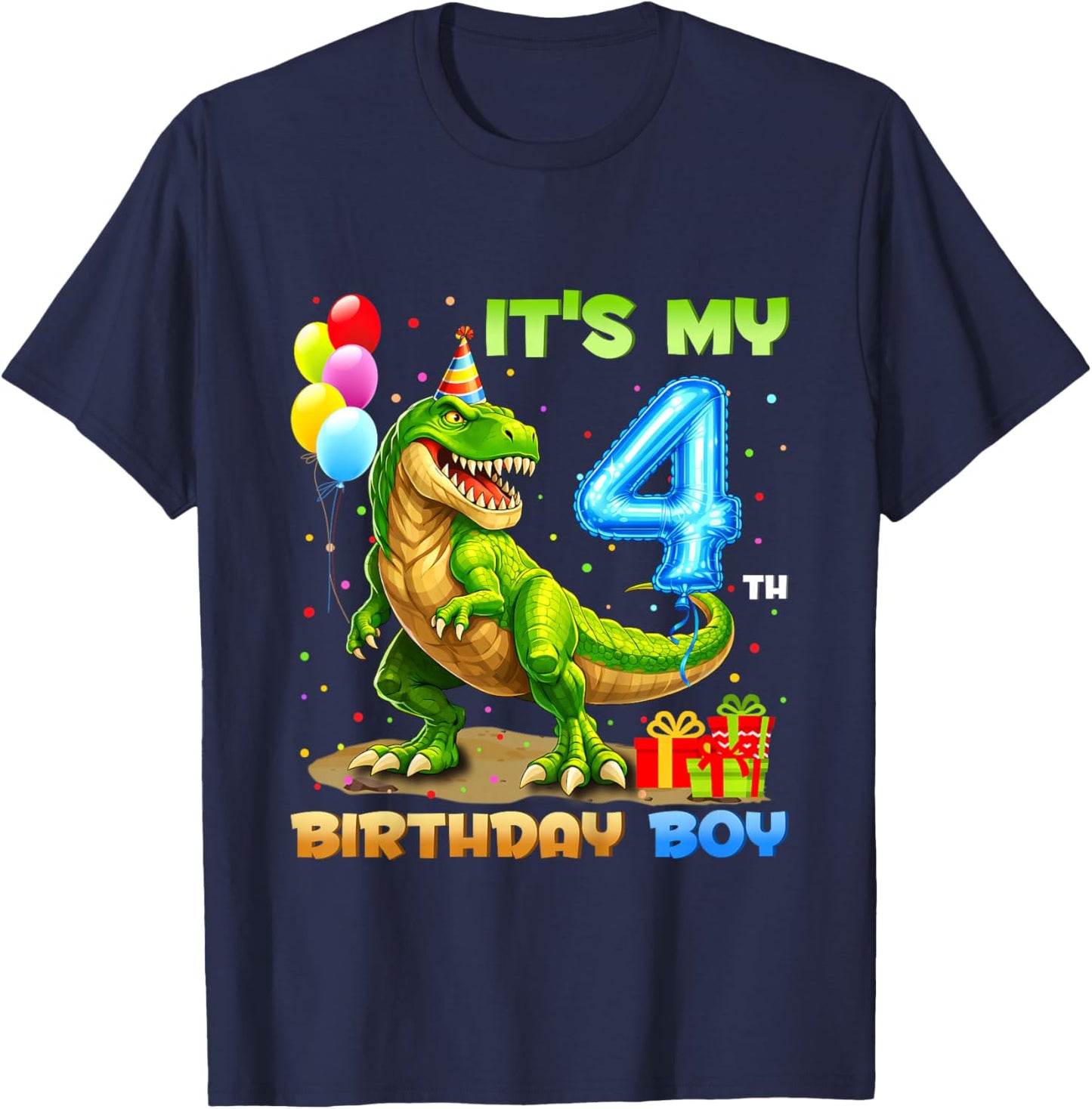 It's My 4th Birthday Happy 4 Year T-Rex Shirt Boys Funny T-Shirt - T-Shirt | Navy