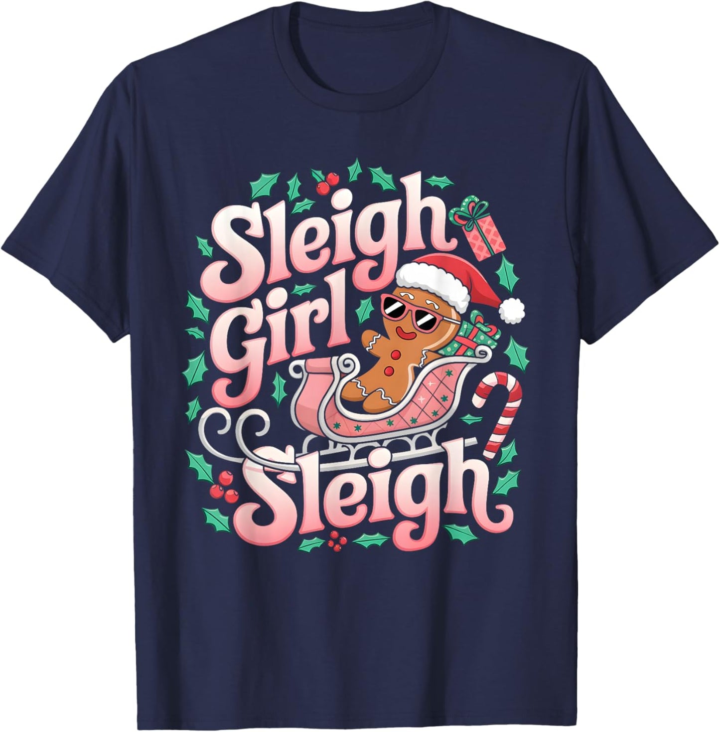 Groovy Pink Christmas Sleigh Girl Sleigh Gingerbread Holiday T-Shirt - T-Shirt | Navy