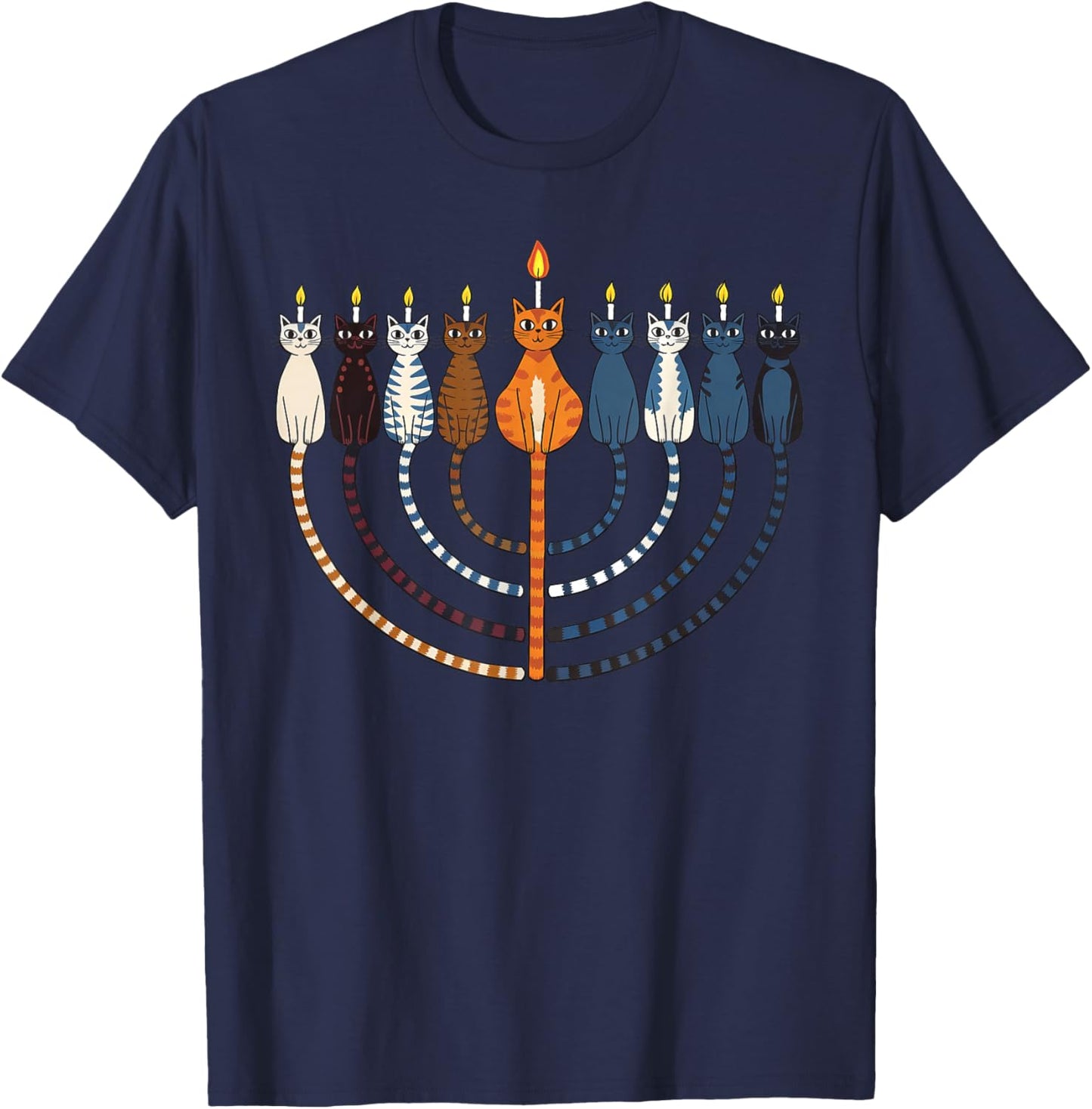Funny Hanukkah Cat Menorah Meowzel Chanukah Jewish Holiday T-Shirt - T-Shirt | Navy