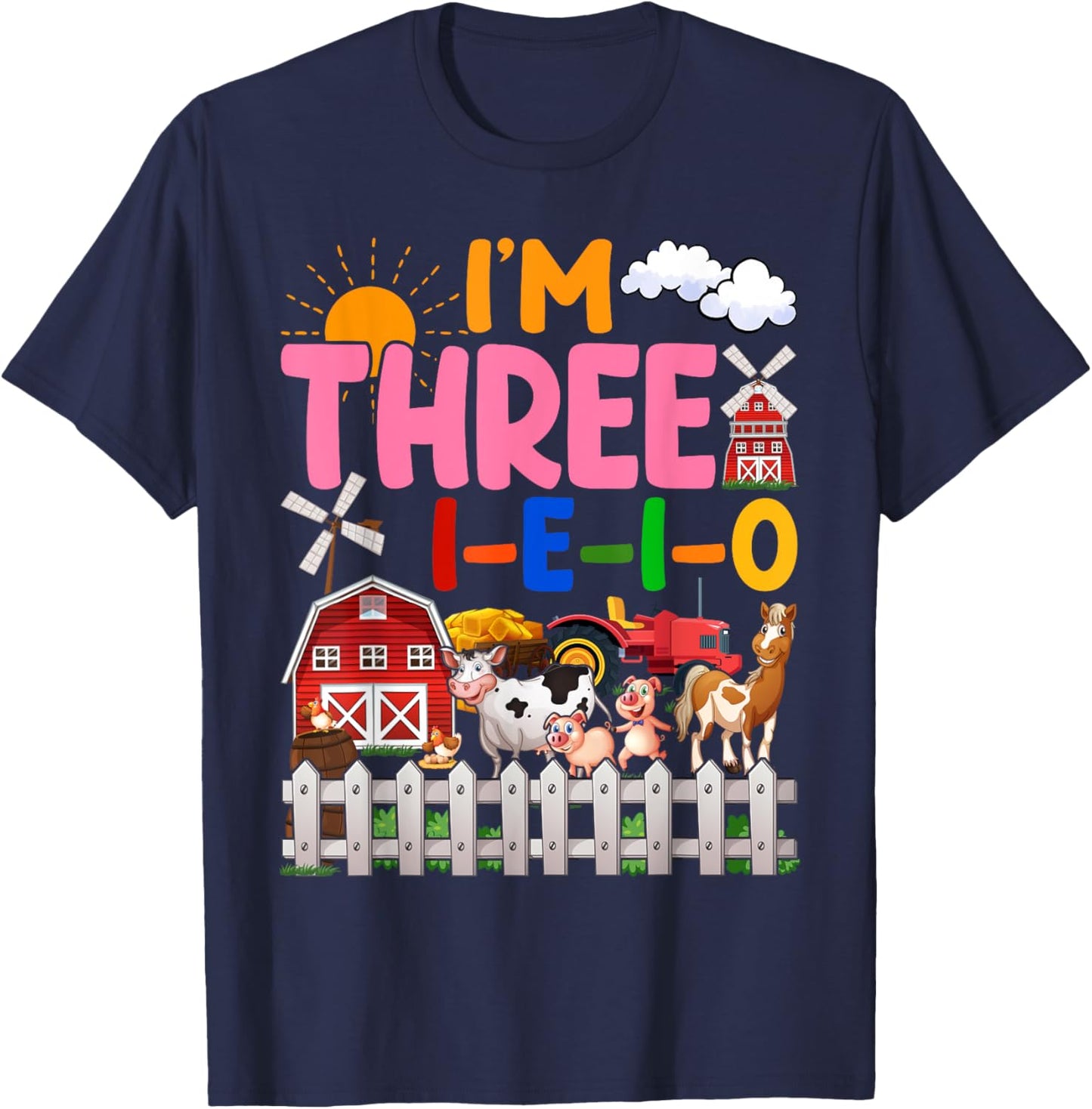 I'm Three-i-e-i-o 3 Years Old 3rd Birthday Girl Farm T-Shirt - T-Shirt | Navy