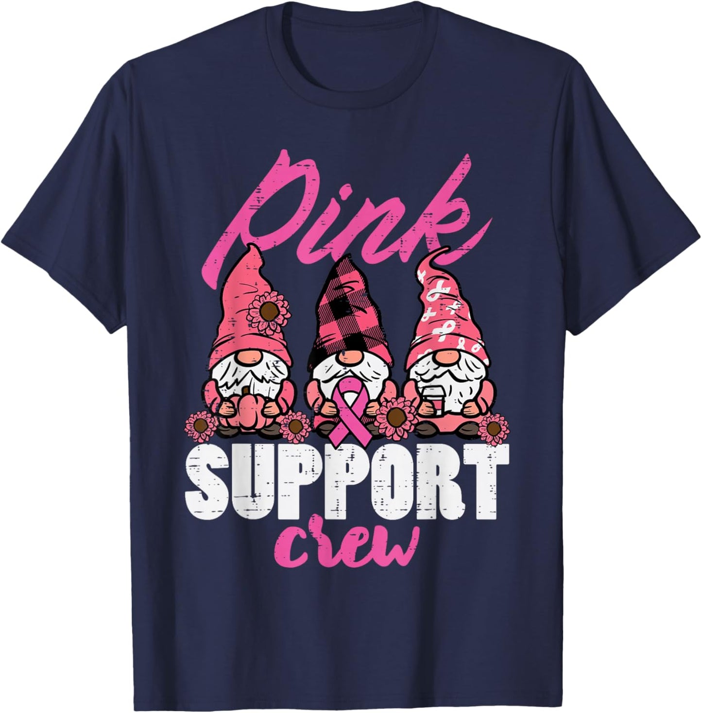 Breast Cancer Gnomes Pink Support Crew Aware Women Kids Men T-Shirt - T-Shirt | Navy