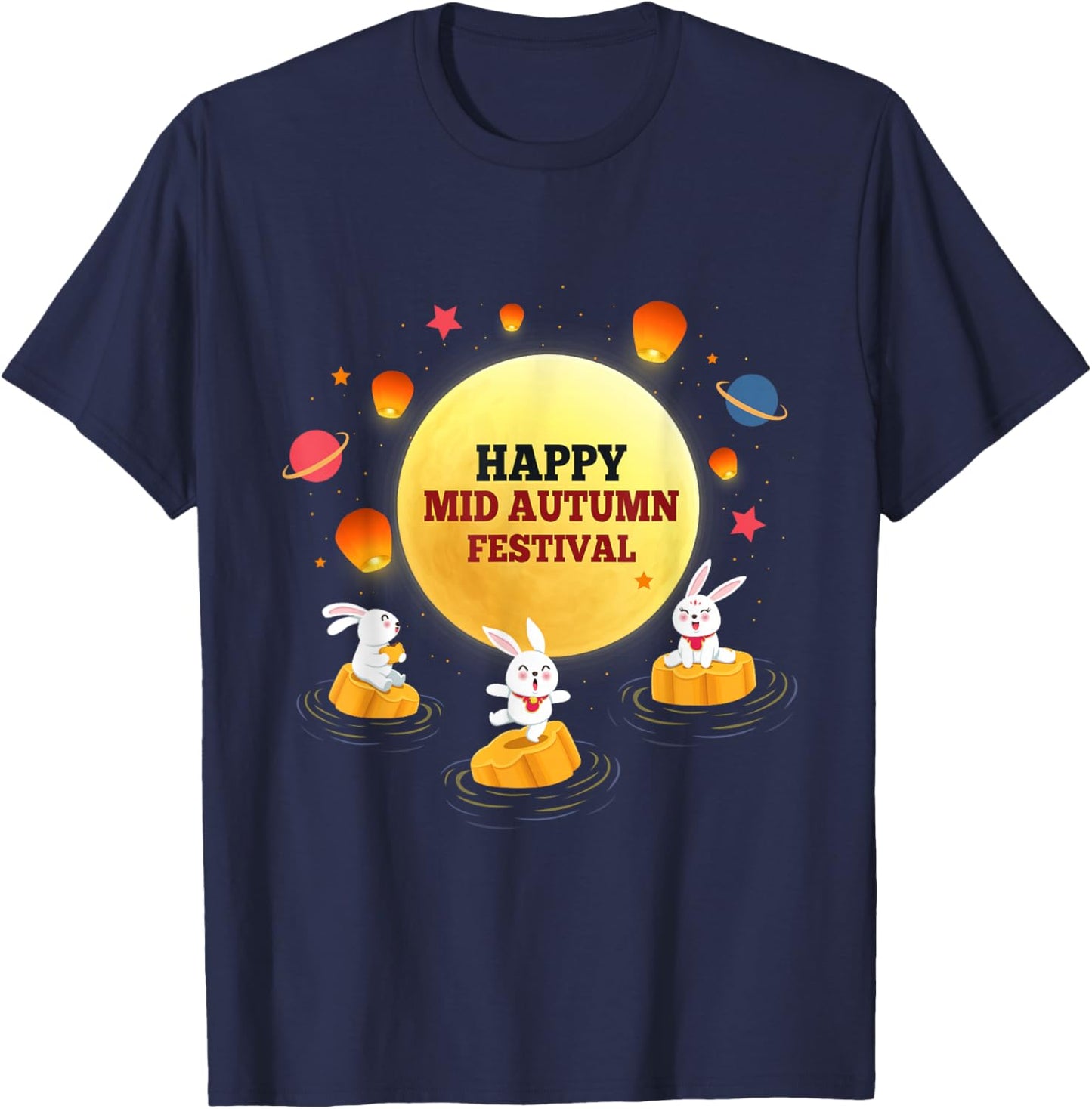 Kids Adults Mid Autumn Festival Cute Bunny Mooncake Festival T-Shirt - T-Shirt | Navy